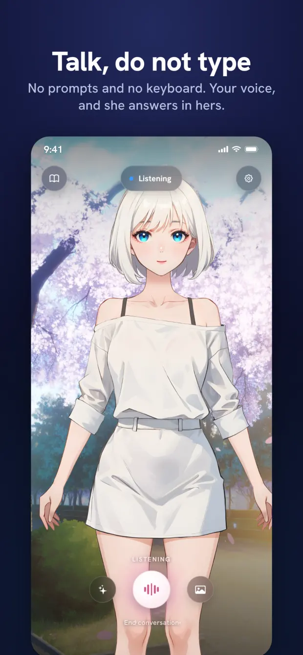 AnimaEcho listening, the companion standing under cherry blossom