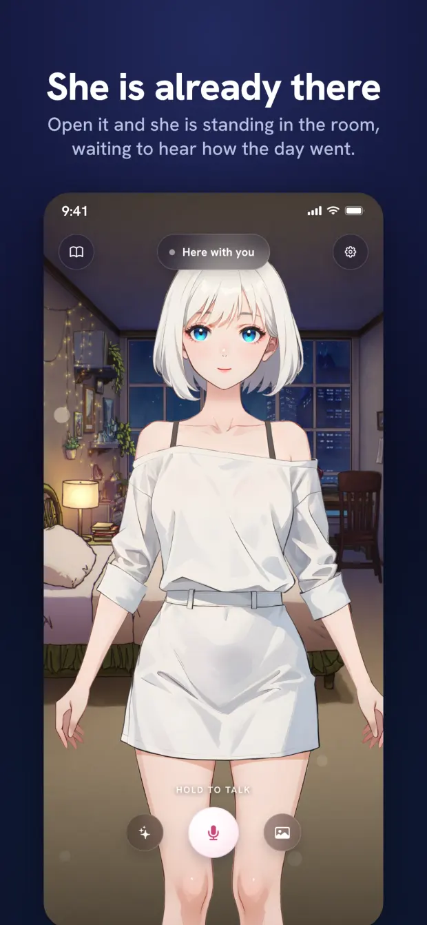 The companion standing in a lamplit room at night