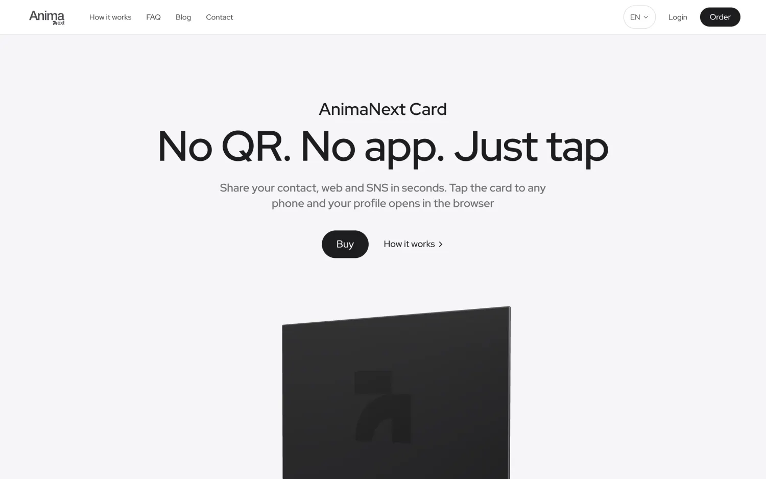 The AnimaNext homepage: the card, and the line no QR, no app, just tap