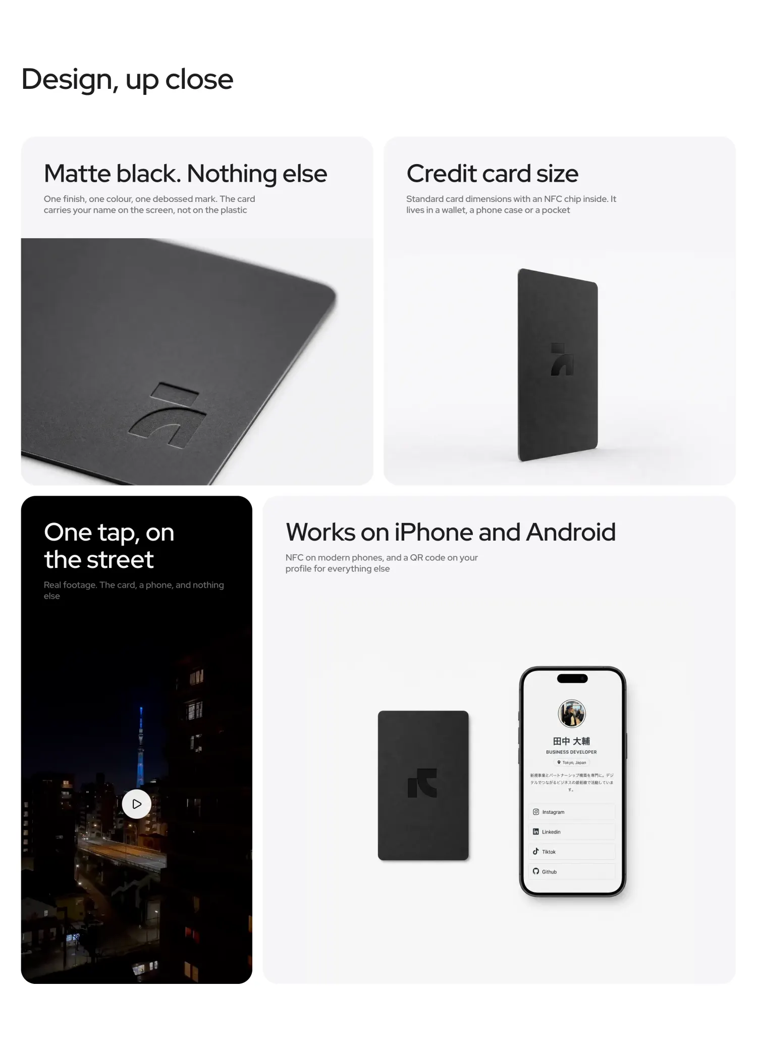 Close up photography of the matte black card, one panel on finish and one on size