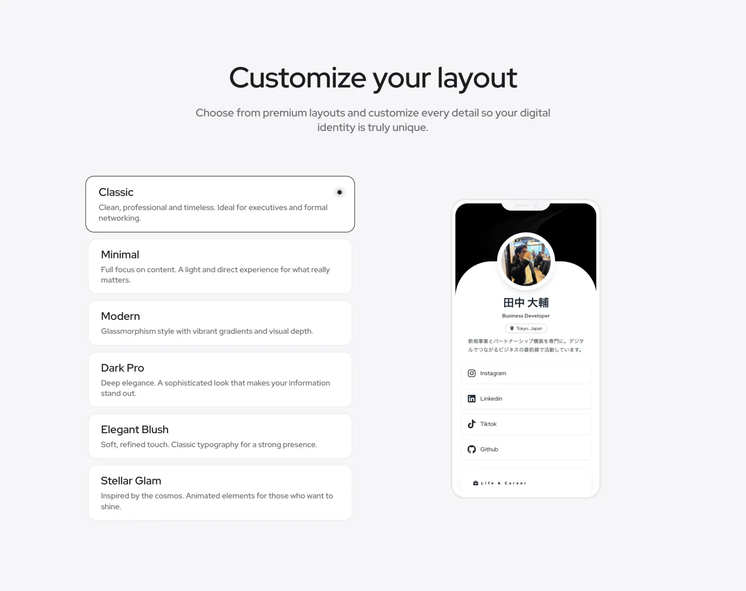 The layout picker showing Classic, Minimal, Modern, Dark Pro, Elegant Blush and Stellar Glam next to a live profile