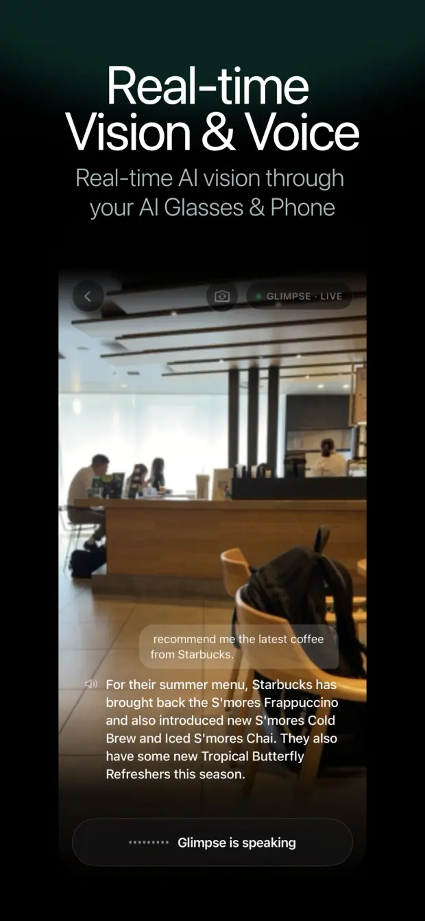 Glimpse answering a question about a coffee shop menu through the camera