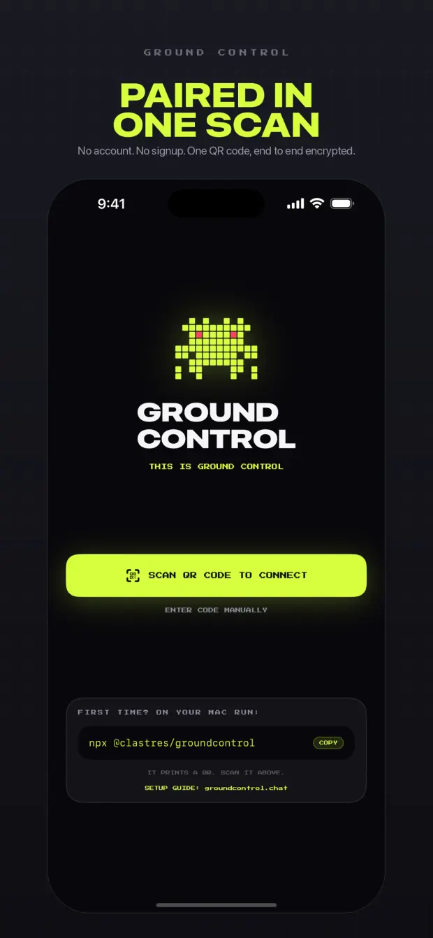 The pairing screen showing a QR code and the npx command