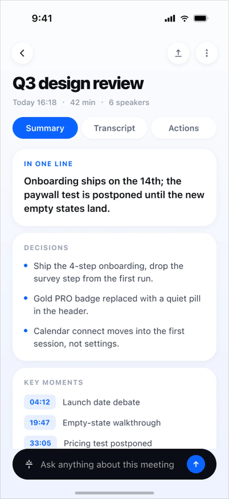 Summary detail: the meeting in one line, decisions, key moments with timestamps, and an ask anything bar