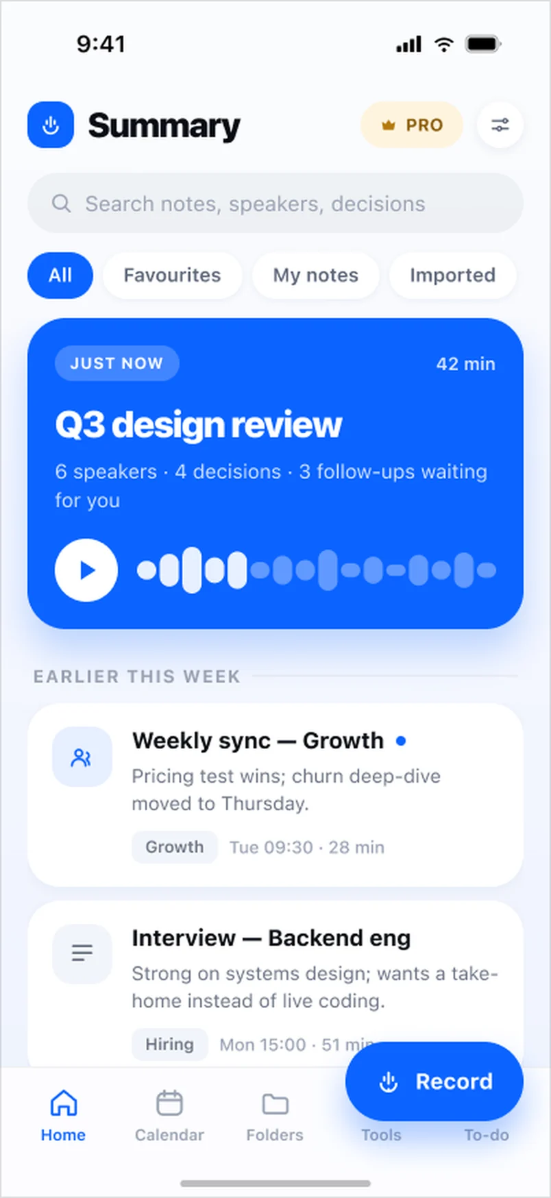 The redesigned home screen: search, filter chips, the latest meeting as a solid blue card and earlier meetings as white cards