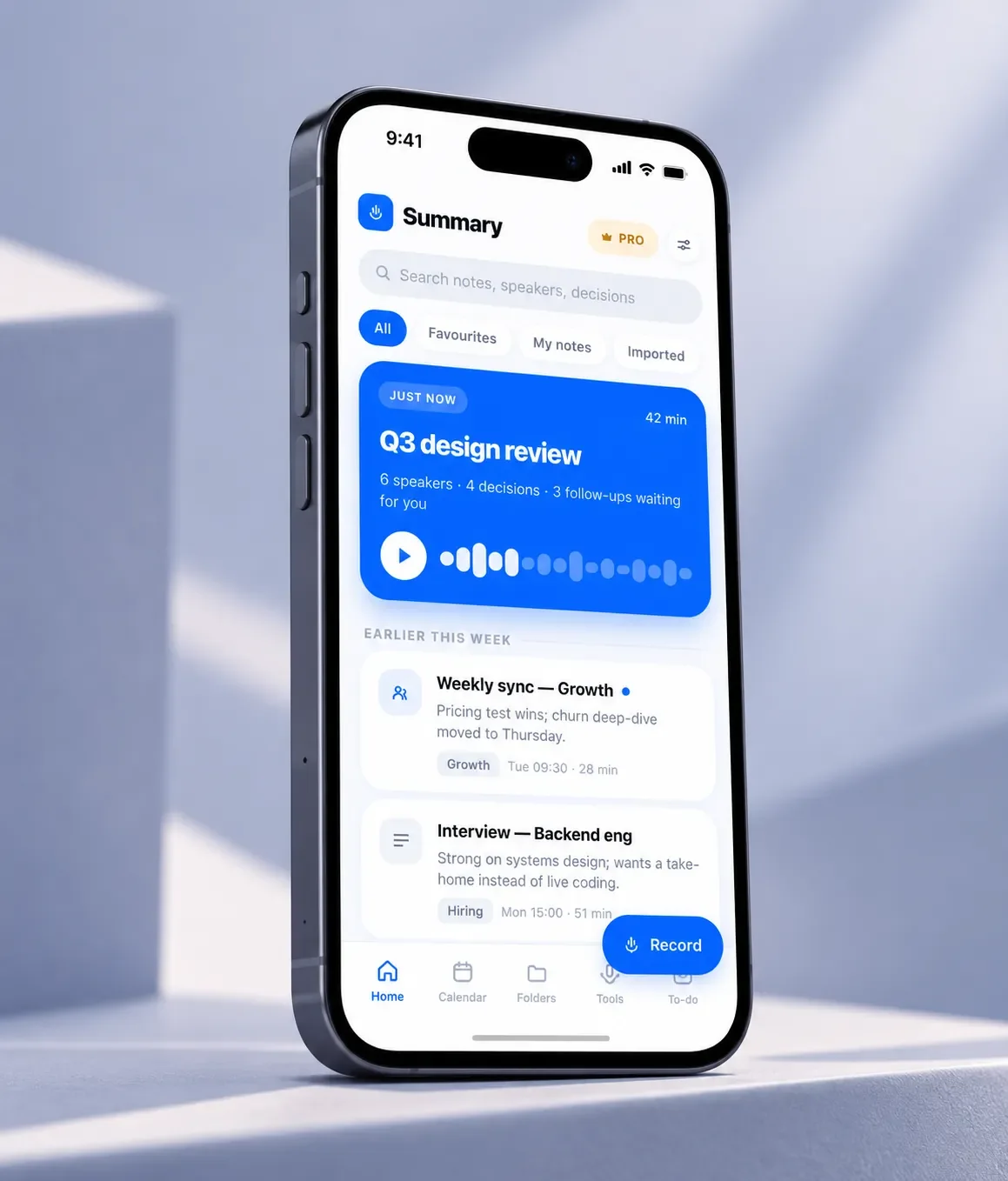 The redesigned home screen shown on an iPhone on a white plinth