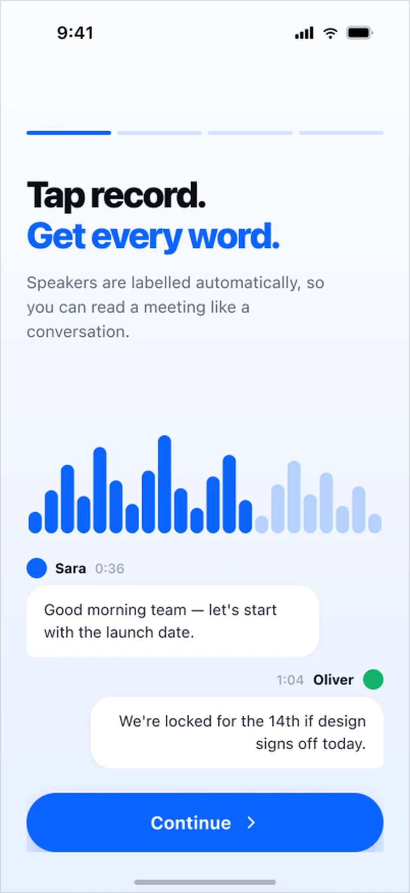 The redesigned onboarding: ink headline with one accent line, a clean waveform and two labelled speaker bubbles on white