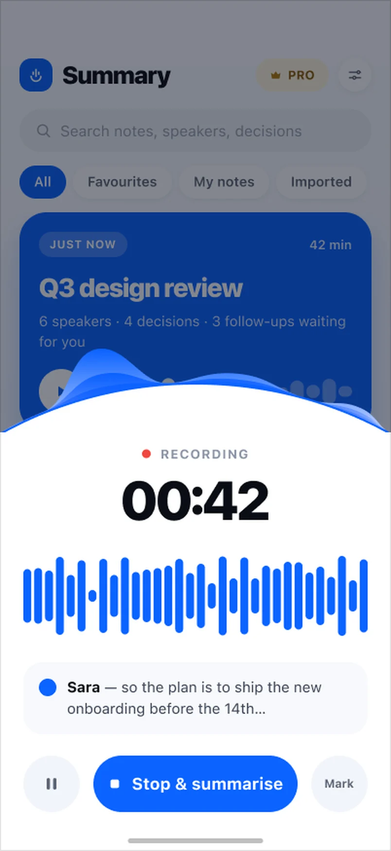 The recording sheet over home: live timer, waveform, speaker labels and a stop control