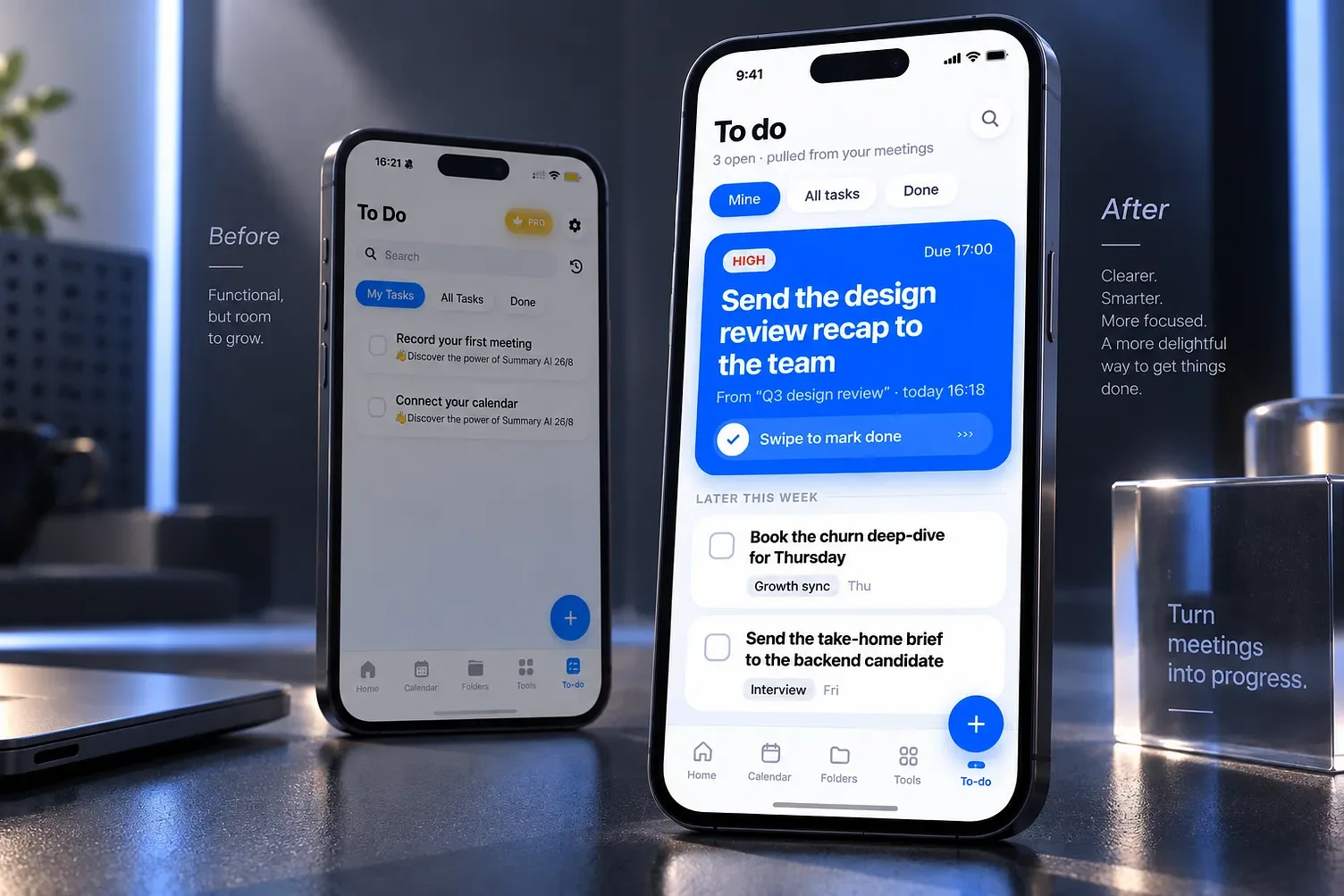 Before and after of the To do screen: the original grey list next to the redesign with one high priority task in blue