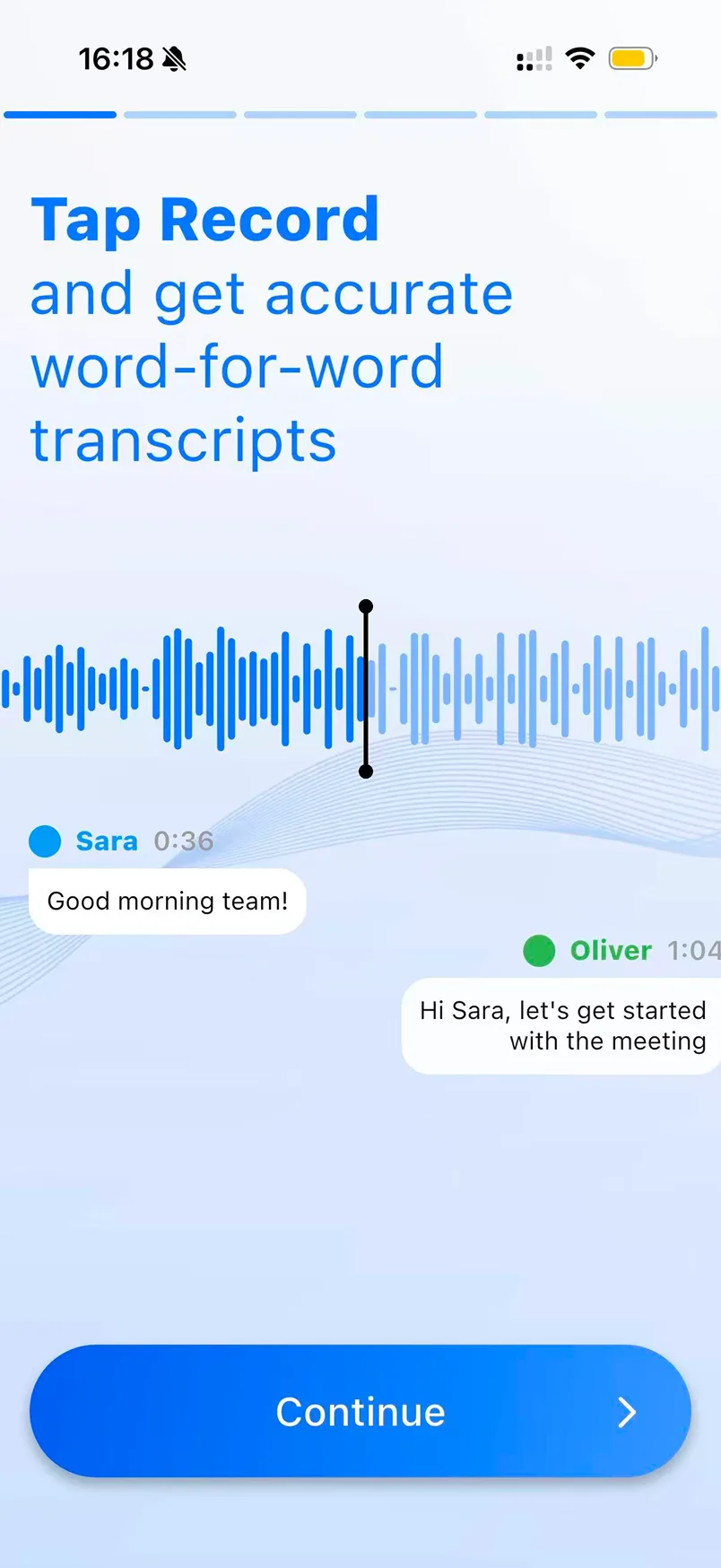 The original Summary AI onboarding screen: blue gradient background, blue on blue headline, decorative wave art and a gradient Continue button