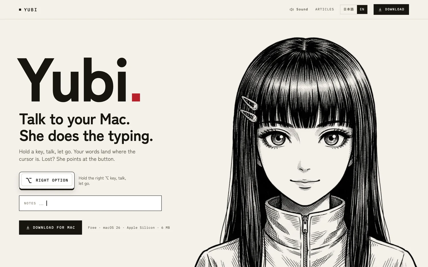 The Yubi homepage: the line Talk to your Mac, she does the typing, next to her portrait