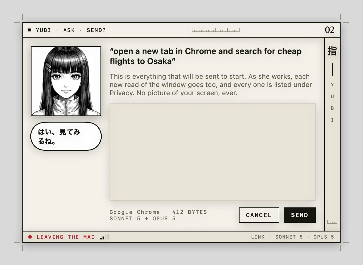 The Yubi ask card showing a request to open a Chrome tab, what will be sent, and Cancel and Send buttons