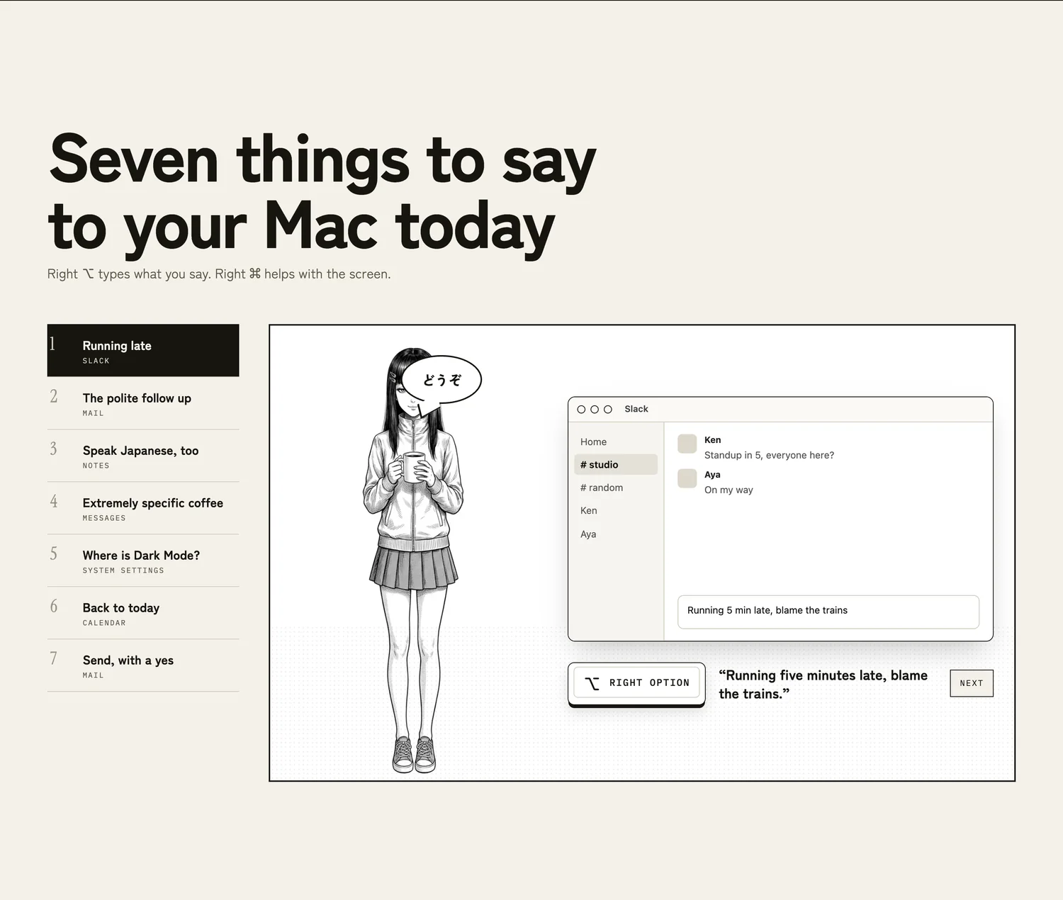 The seven things to say to your Mac section, with a playable Slack scene