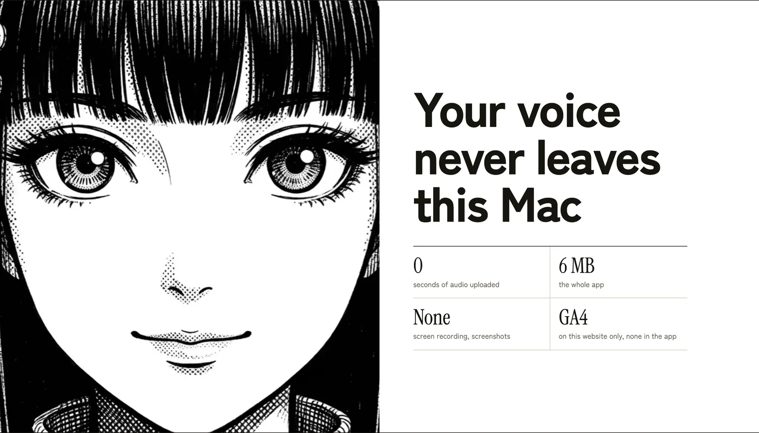 Her face in close up next to the heading Your voice never leaves this Mac and four facts