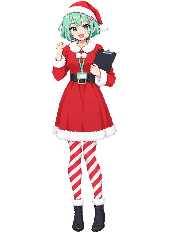 Koharu in a red Santa dress with fur trim and candy cane tights