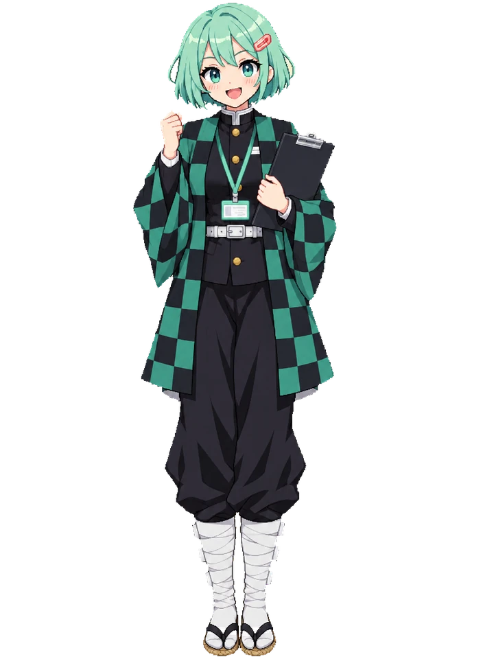 Koharu in a black corps uniform with a green and black checkered haori and straw sandals