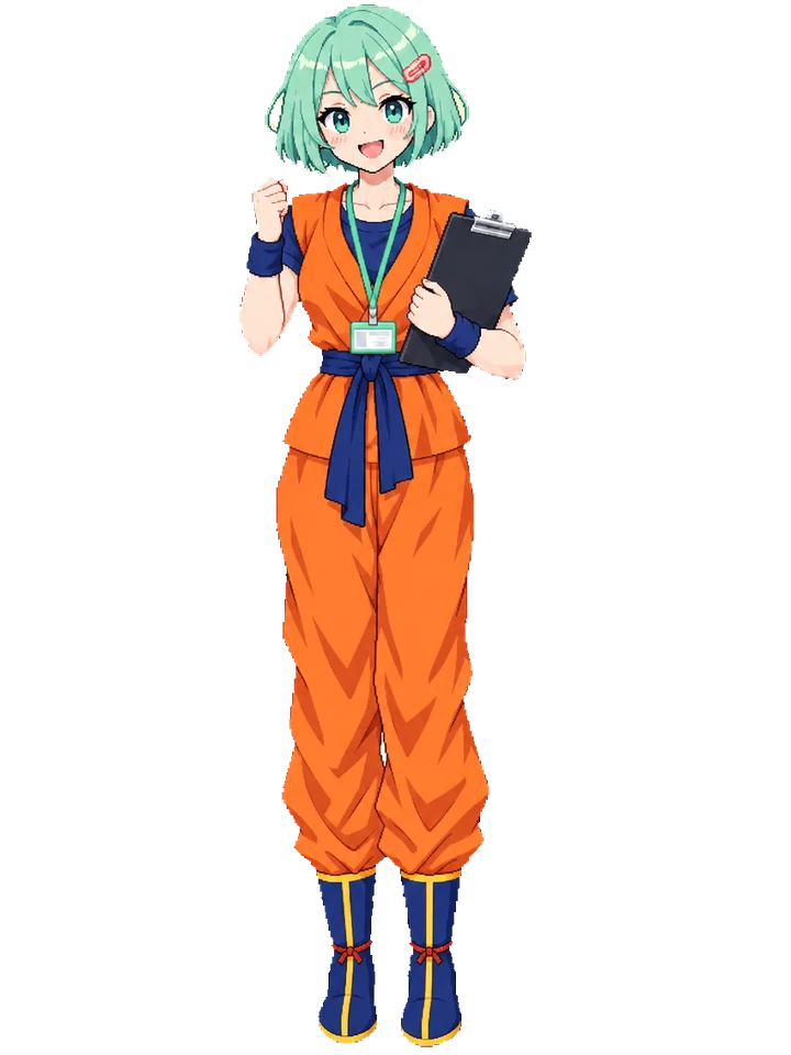 Koharu in an orange martial arts gi with a blue undershirt, sash and boots