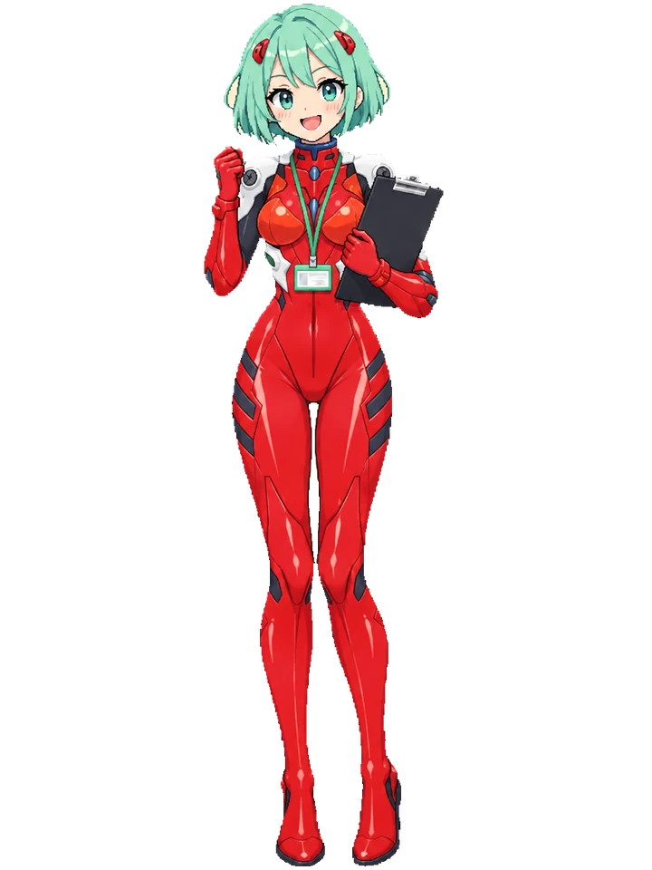 Koharu in a red pilot plugsuit with white shoulder guards and interface hair clips