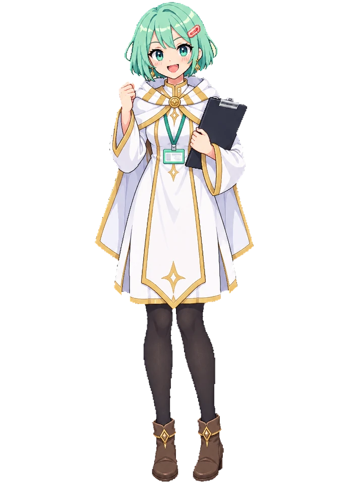 Koharu in a white and gold mage dress with a striped collar, hooded cape and brown boots