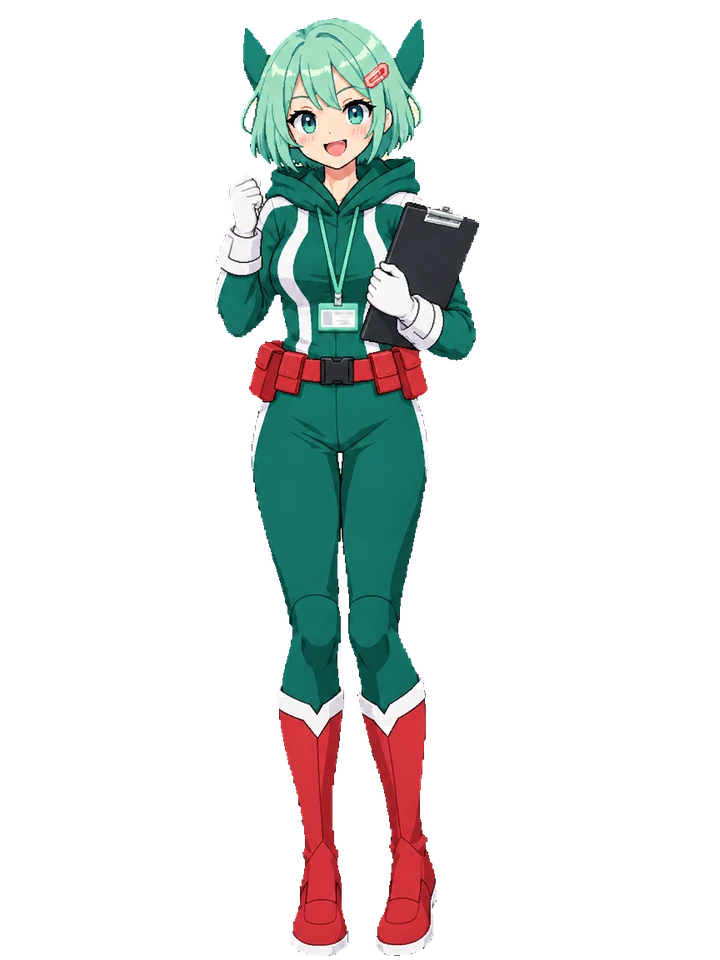 Koharu in a green hero jumpsuit with a bunny eared hood, red belt, white gloves and red boots