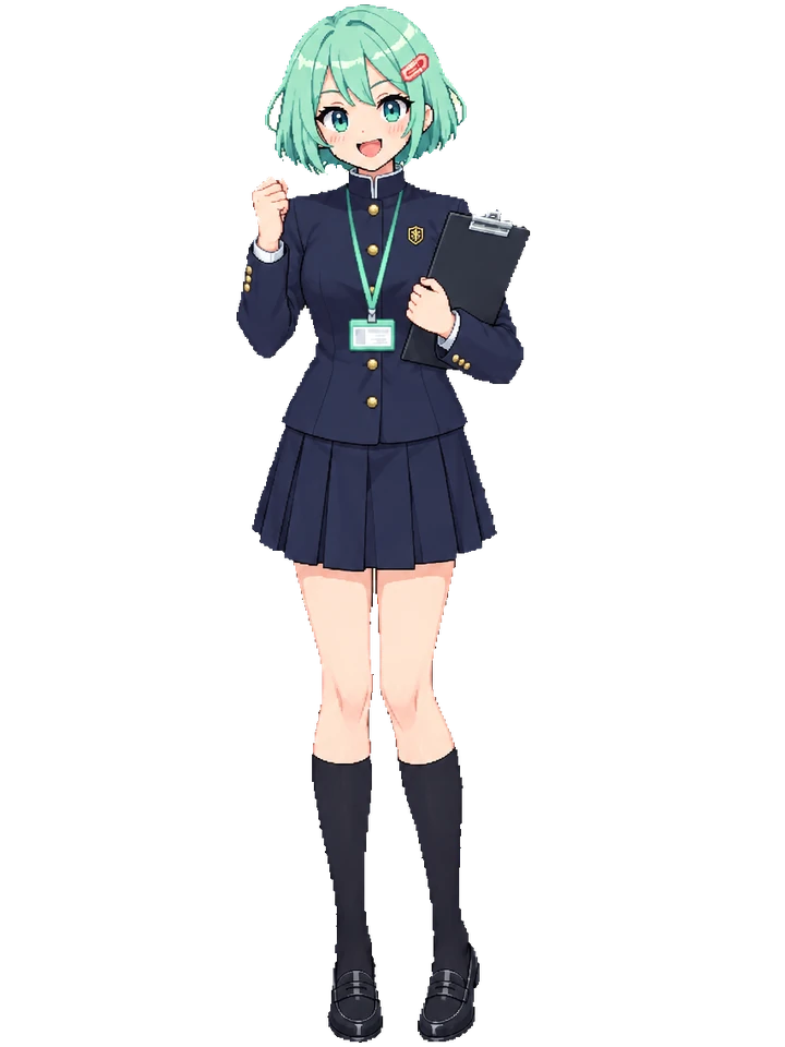 Koharu in a navy high collar school jacket with a gold crest, navy skirt and knee socks