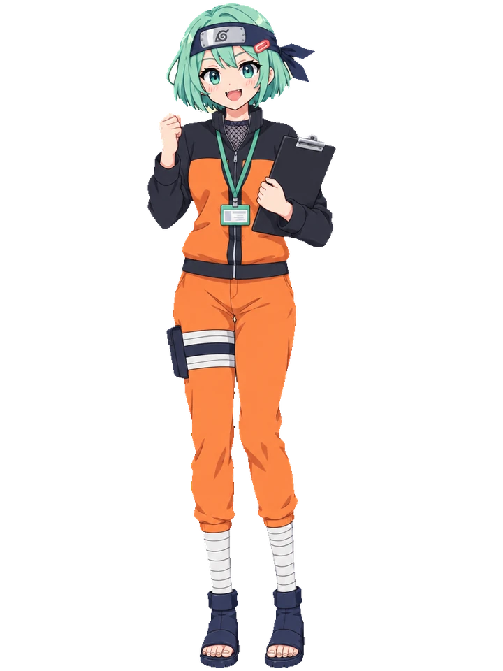 Koharu in an orange and black ninja tracksuit with a forehead protector and blue sandals