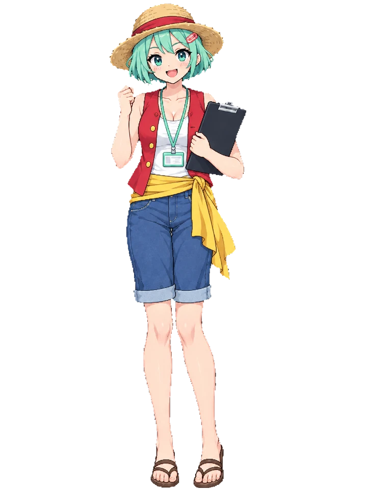 Koharu in a red open vest, yellow sash, denim shorts and a straw hat