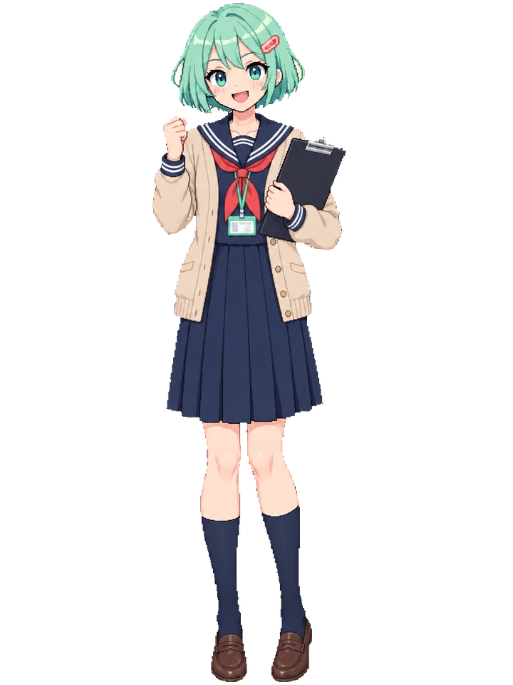 Koharu in a navy sailor school uniform with a red neckerchief, beige cardigan and loafers