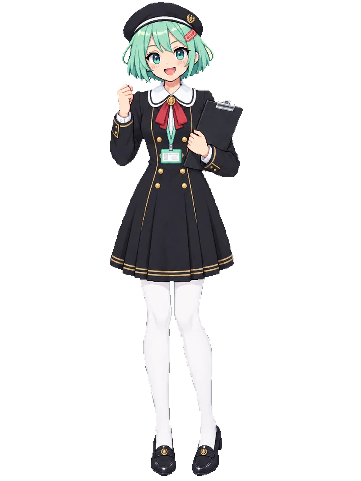 Koharu in a black academy dress with a white collar, red ribbon, beret and white tights
