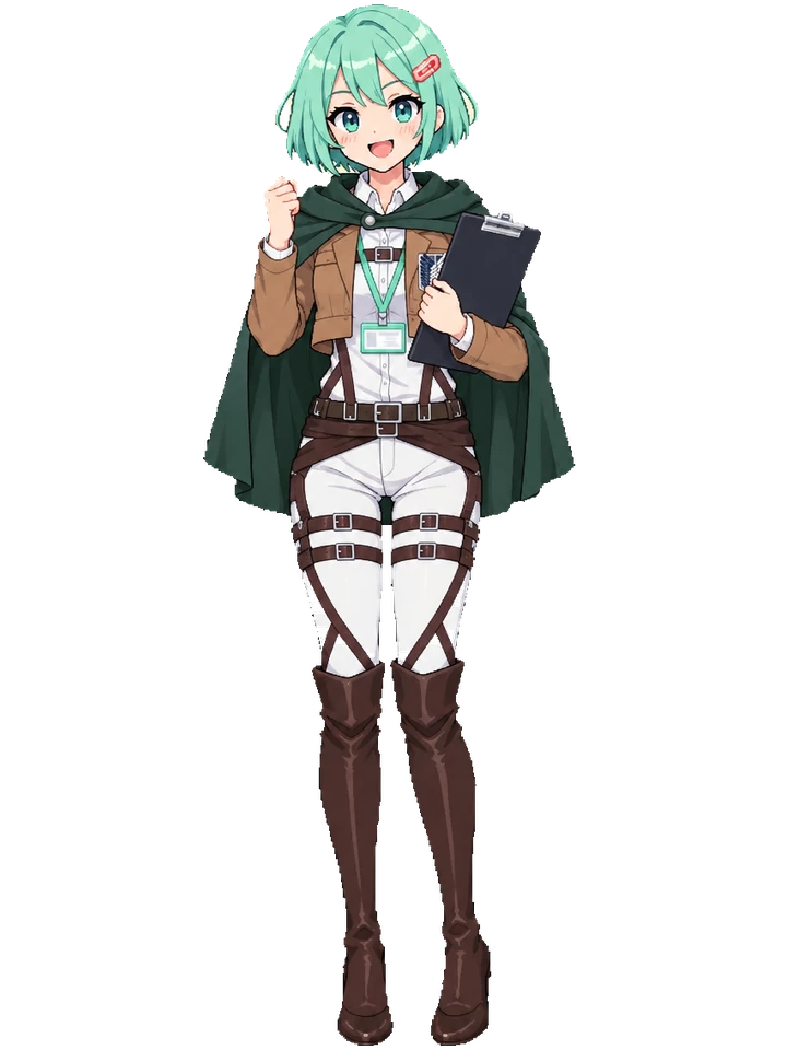 Koharu in a tan scout jacket with a winged crest, harness straps, green cloak and tall boots